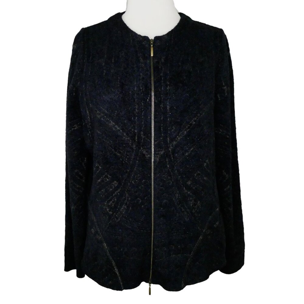 ALDOMARTINS black zip cardigan sweater jacket sz 14 terry Velour jacquard
